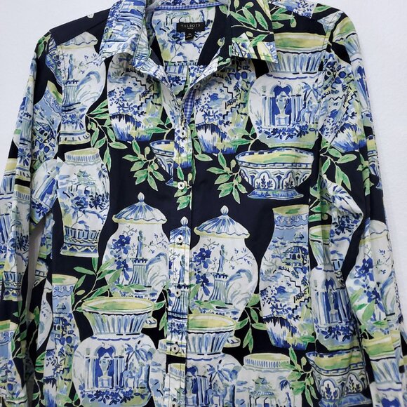 Talbots Watercolor Vases Classic Cotton Office Career Holiday Shirt Size MP - Picture 5 of 13